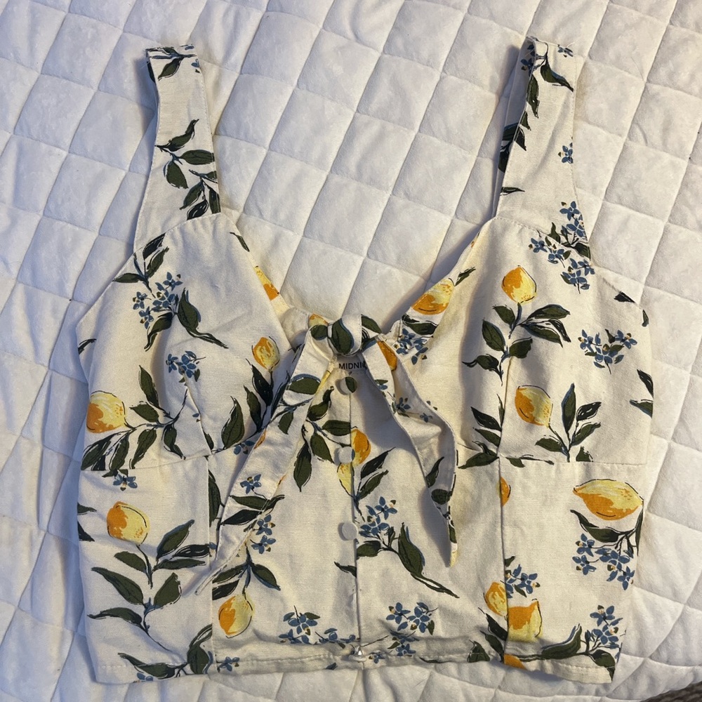 Lemon Print Crop Top with Bow Detail